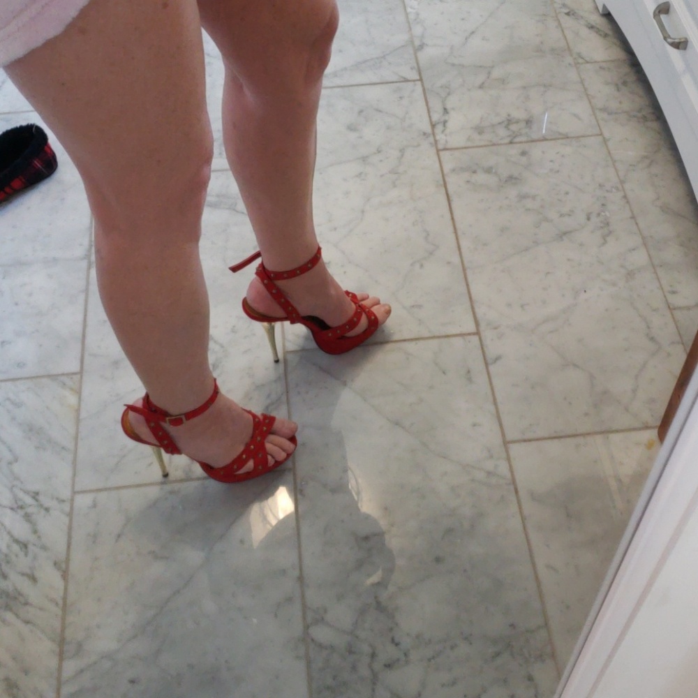 Red suede with gold studs and heels. NWOT